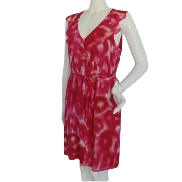ANN TAYLOR Silk Dress, 10, Pink/Red, Ruffle neck, Sleeveless, Sash belt - Picture 3 of 13